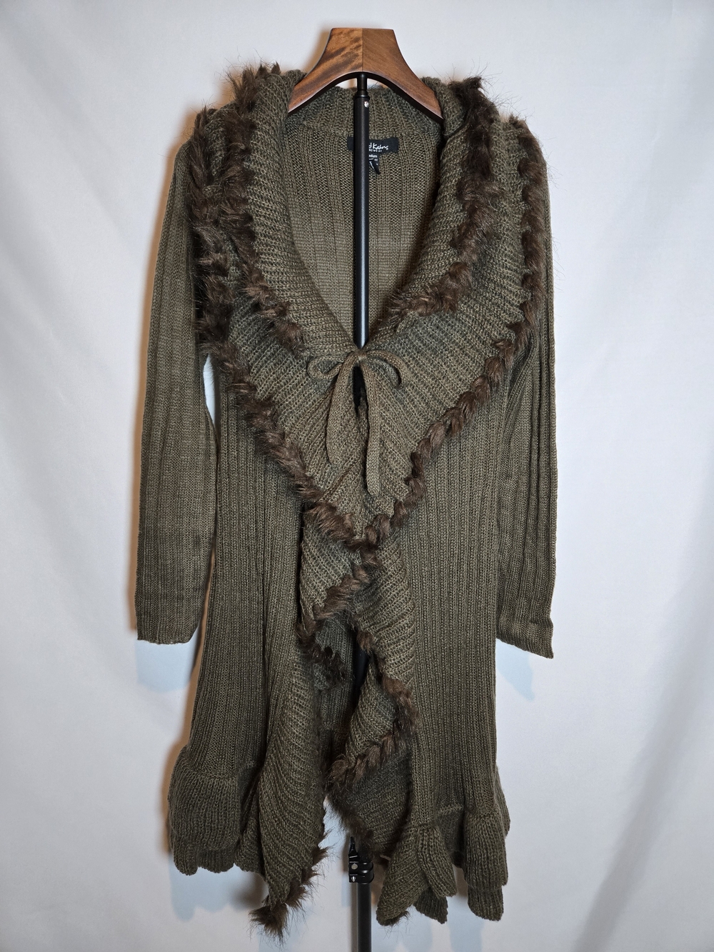 David Kahn Olive Green Faux Fur Trim Knit Ruffle Duster Cardigan Sweater
